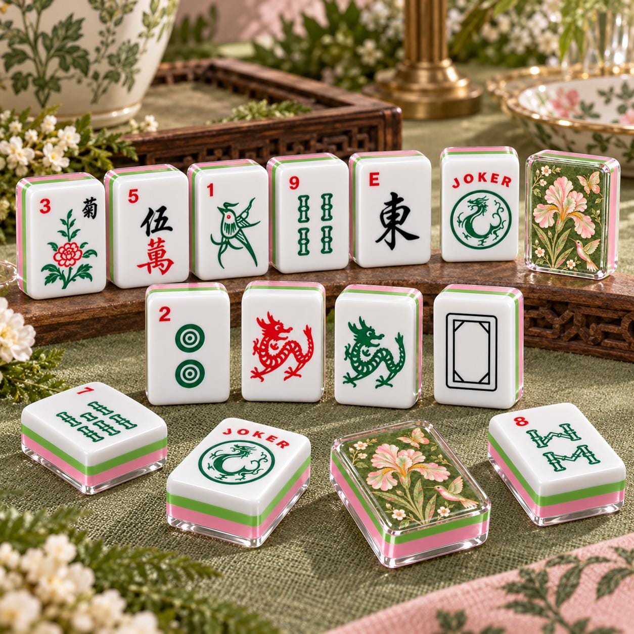Green Floral Mahjong Tiles, Pink Green Iris Hummingbird Mahjong Set, 4-Layer Acrylic Mahjong Tiles, Mahjong Gift for Her
