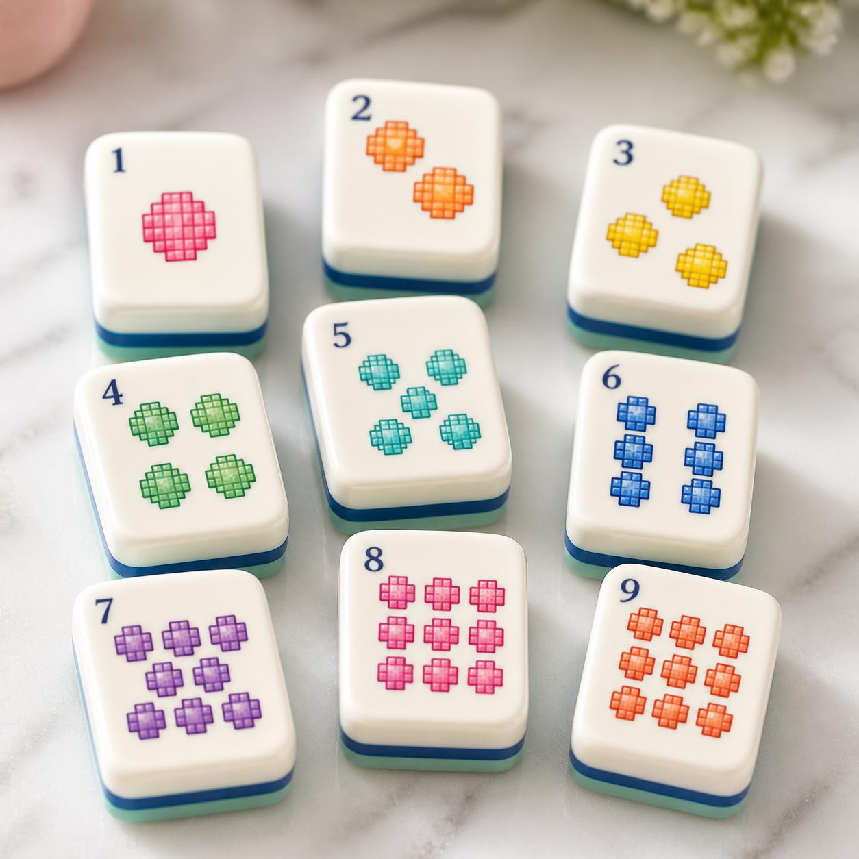 Pixel Art American Mahjong Tiles Set,Mint Green Back,Gradient Pixel Design,Cross-Stitch Style Game Tile,Retro Gaming Gif