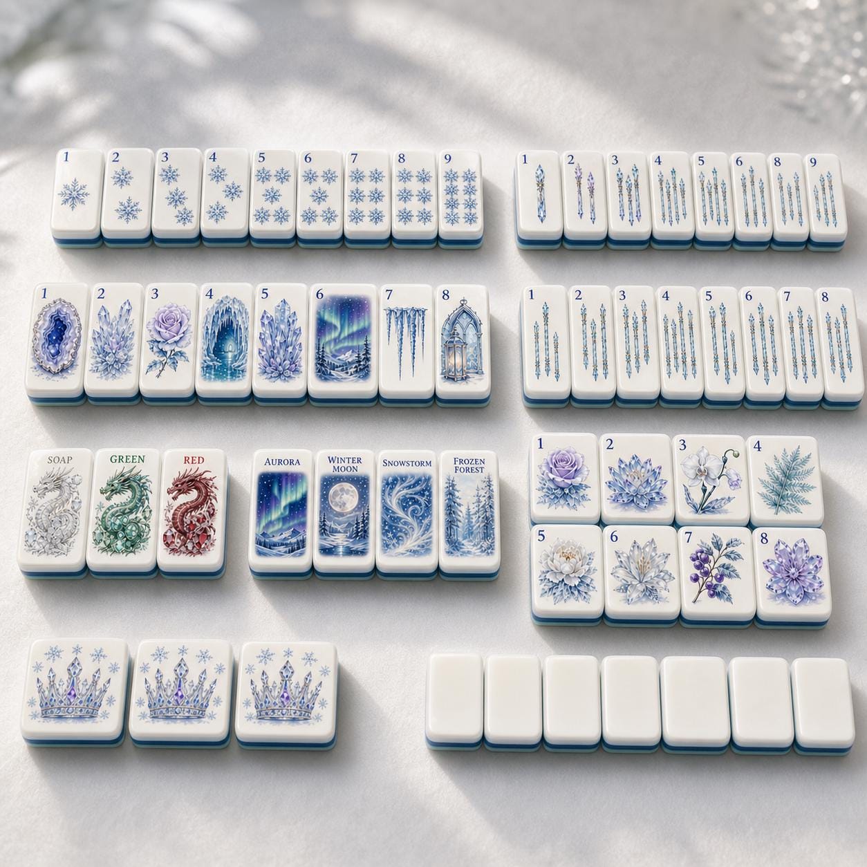 Snow Magic Winter Mahjong Set, American Style Ice Crystal Tiles, Frozen Aurora Geode Rose Castle Art, Holiday Game Night