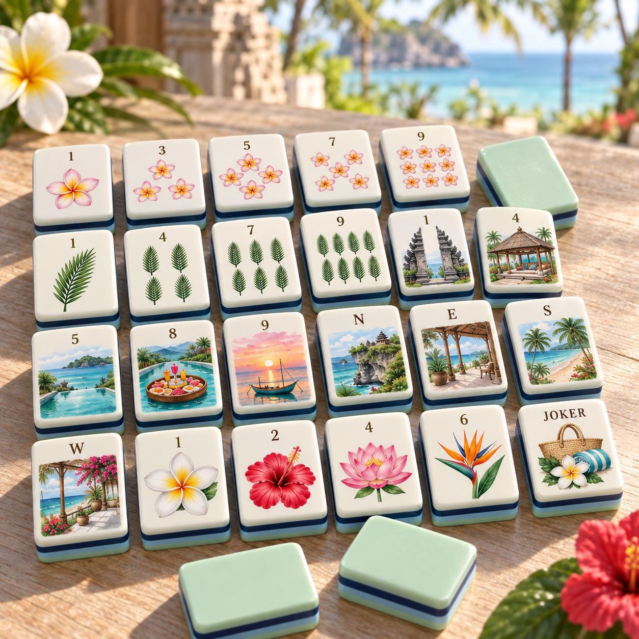 Bali American Mahjong Tiles, Tropical Resort & Retreat Set, Wellness Retreat Vacation Tiles, Plumeria Shell Temple Art -