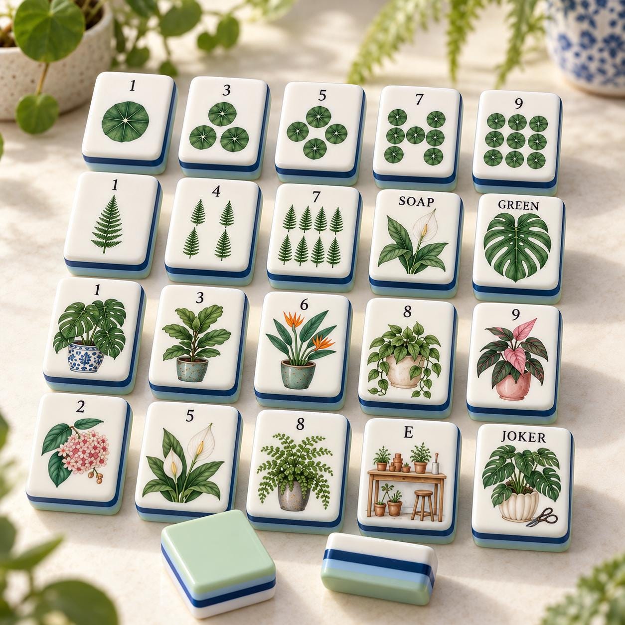 Botanical Workshop American Mahjong, Travel Mahjong Set with Potted Plant Pattern, Plant Lover Gift, Monstera Anthurium