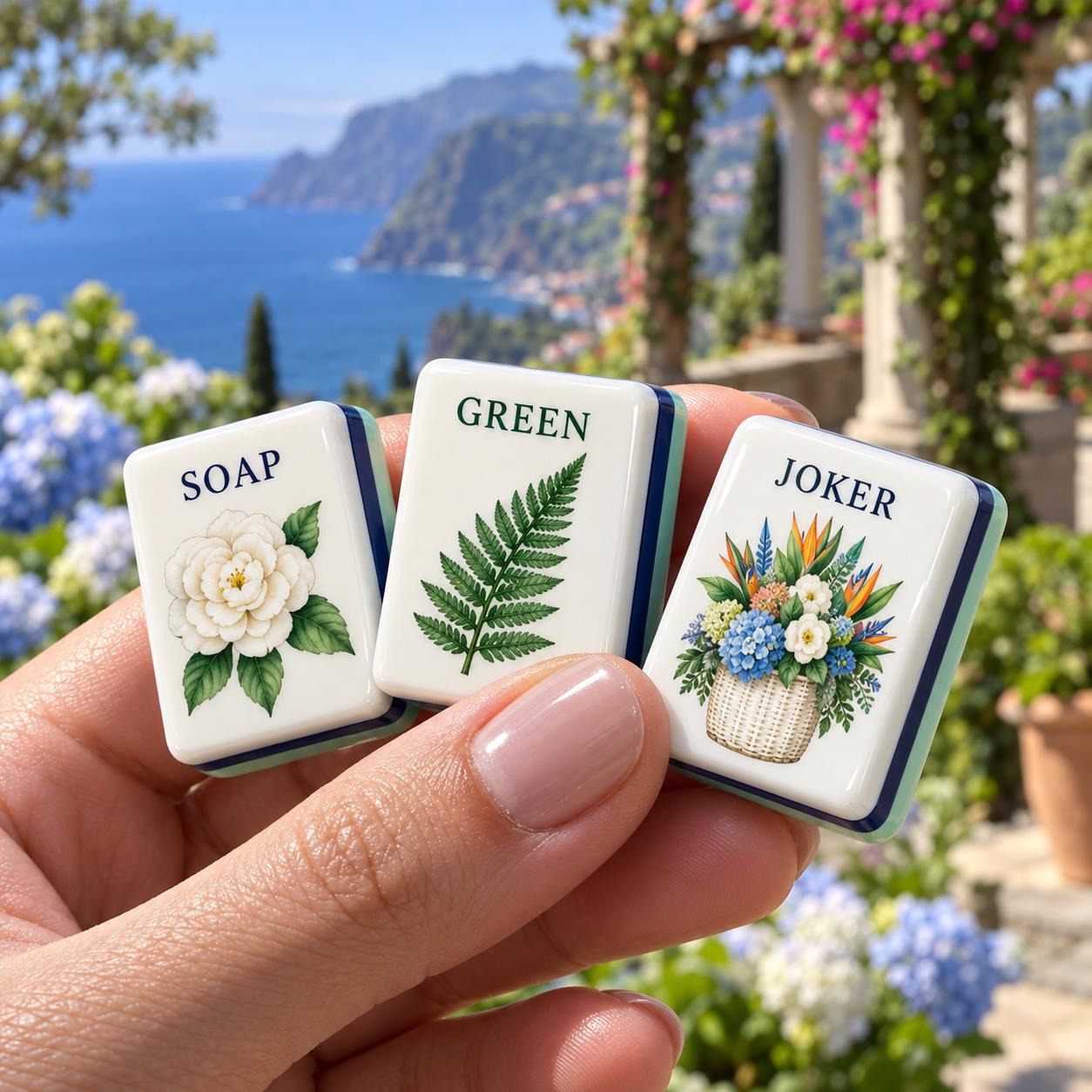 Amalfi Coast American Mahjong Set, Mediterranean Seaside Terrace Tiles, Hydrangea Bird of Paradise, Coastal Vacation Gif