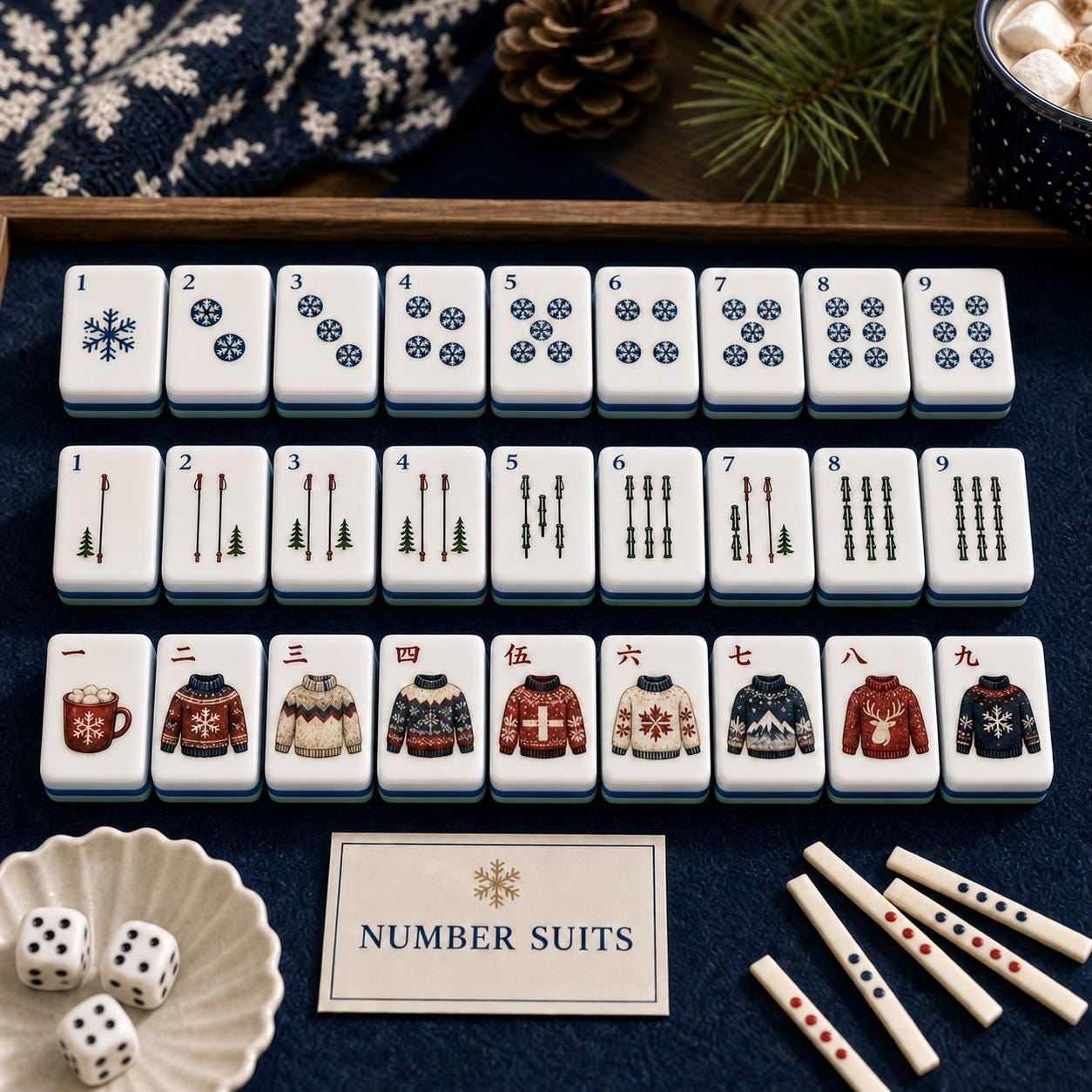 Winter Ski Resort American Mahjong Set, Cozy Alpine Themed Tiles, Mountain Cabin & Pine Trees, Holiday Gathering, Family