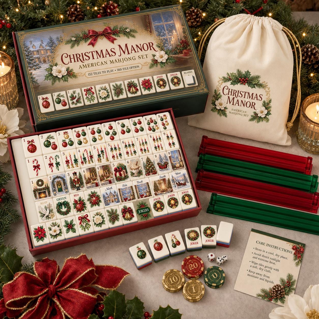 Christmas Holiday American Mahjong Tiles Set,Red Back Travel Mahjong, Holiday Poinsettia Wreath Dove Design,Festive Game