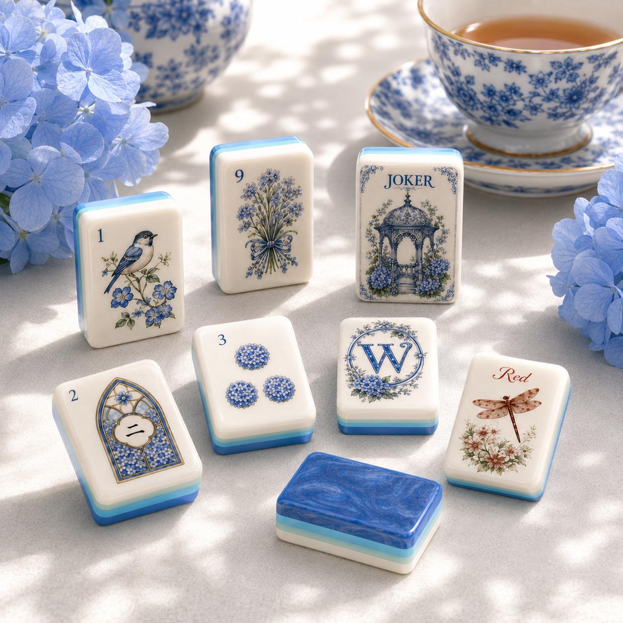 Hydrangea Acrylic American Mahjong Set, 160 Tile Blue & White Floral Mahjong Tiles,Porcelain Inspired Butterfly Design,U