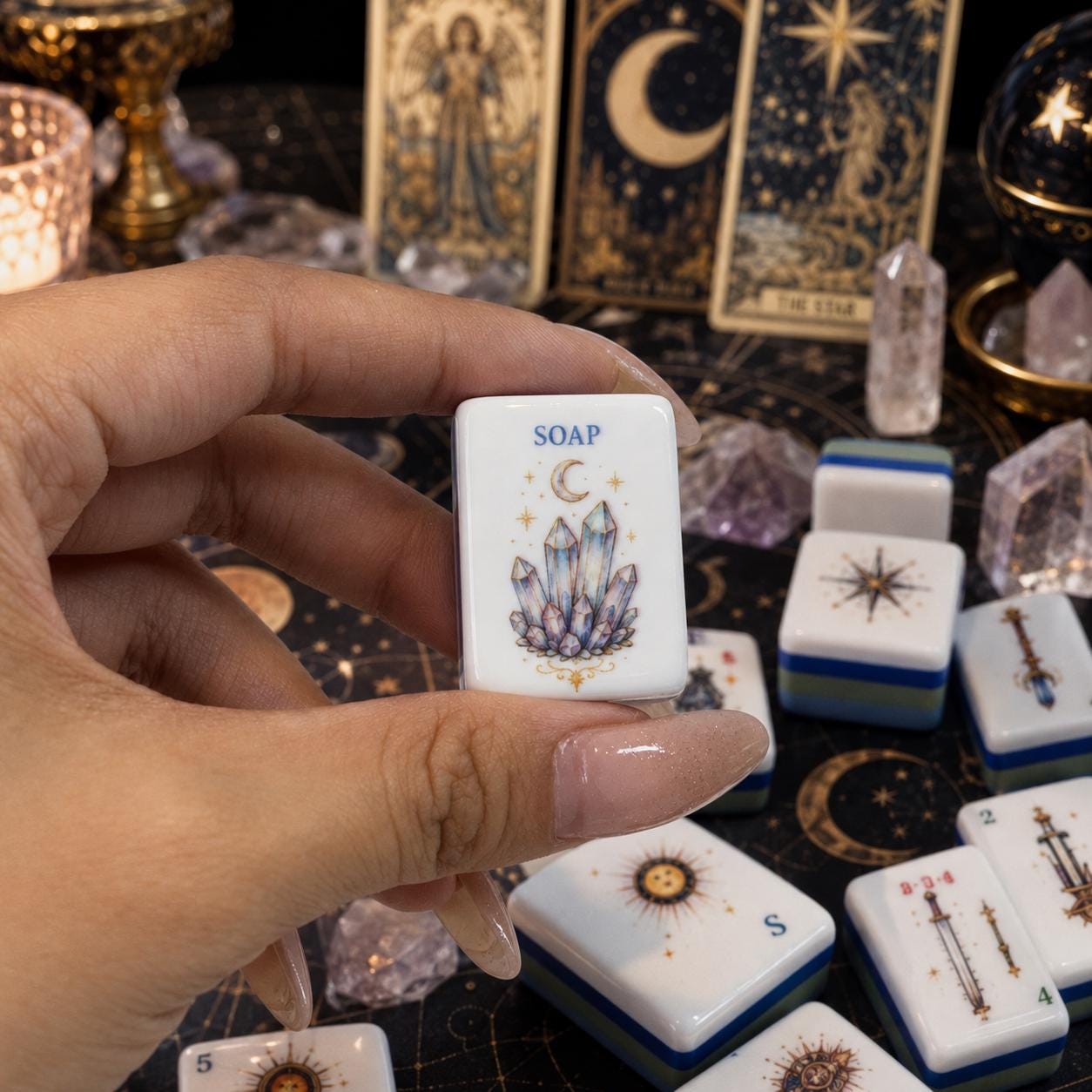 Mystic Celestial American Mahjong Set, Moon Crystal Astrology Mahjong Tiles, Fantasy Tarot Inspired Acrylic Game Set, Un