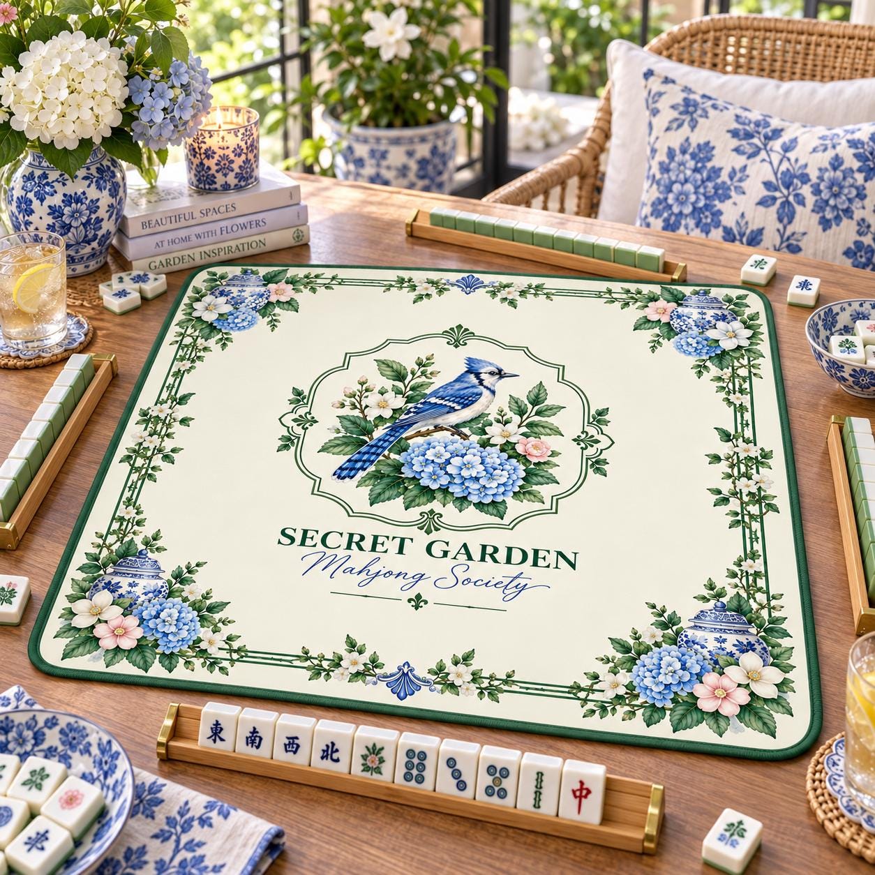 American Mahjong Set, Secret Garden Mahjong, Blue White Chinoiserie Tiles, 160 Acrylic Tiles, Custom Bulk Mahjong Gift -