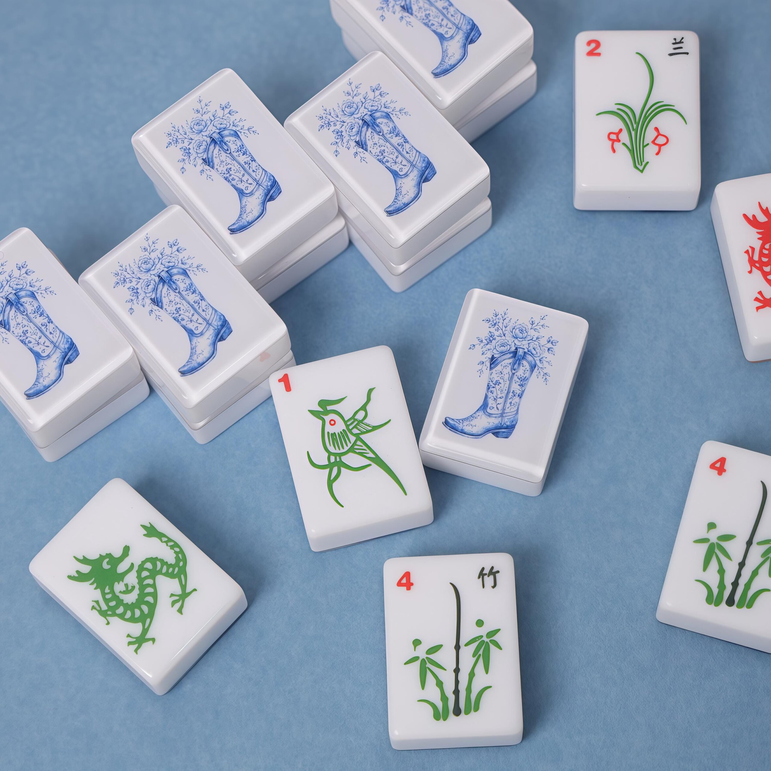 Blue Porcelain American Mahjong Set, Cowboy Boot Floral Tiles, Western 160 Tile Game Gift for Mahjong Players - 9