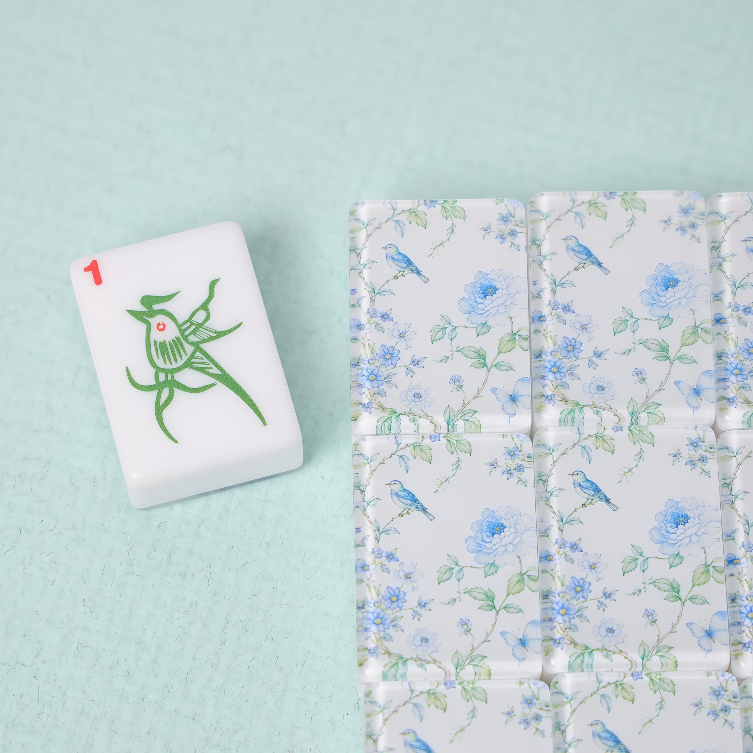 Blue Floral American Mahjong Set, Glossy Acrylic Tiles, Botanical Bird 160 Tile Game, Gift for Mahjong Lovers and Collec