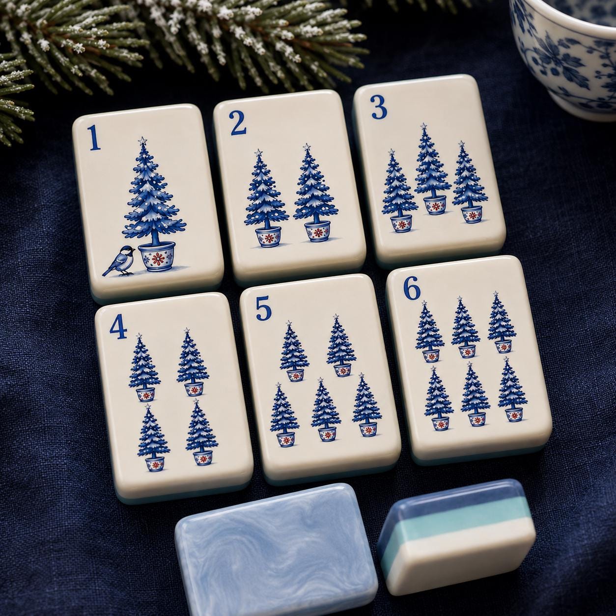 Blue White Christmas American Mahjong Set, Porcelain Style Acrylic 160 Tile Set, Winter Wonderland Mahjong Gift for Play
