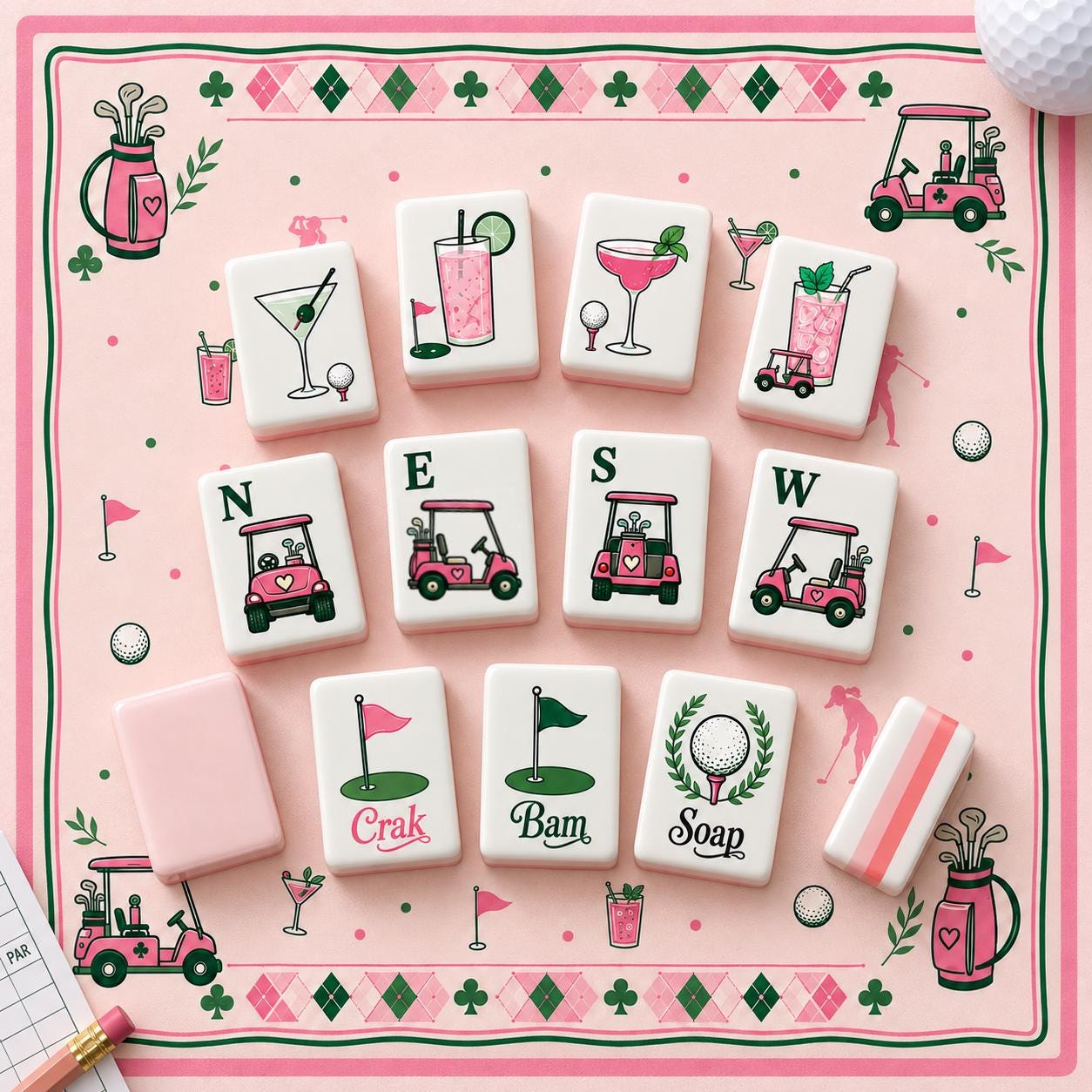 Pink Golf Mahjong Set, Luxury Country Club American Mahjong Tiles, Feminine Golf Theme Game Set with Preppy Sports Inspi