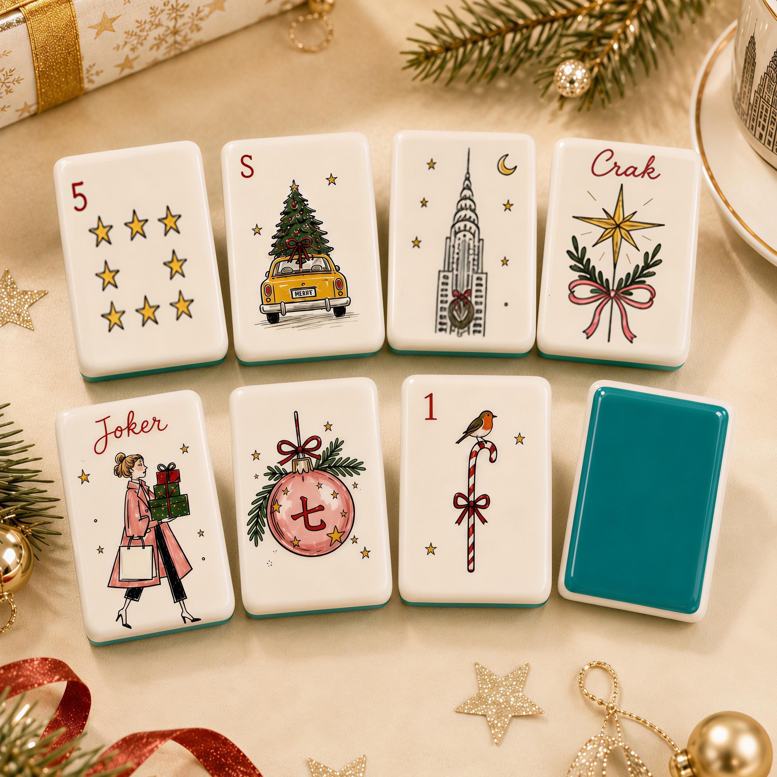 Christmas American Mahjong Set, Vintage Holiday Acrylic 160 Tile Set, European Winter Illustration Mahjong Gift for Play