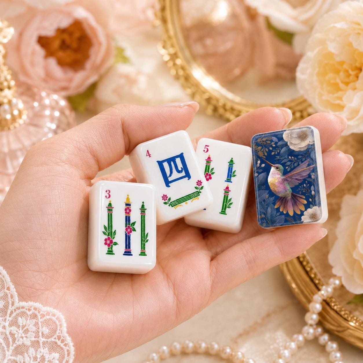 Humming Bird Mahjong Tiles, Blue Marble American Mahjong Set, Pink Parasol Floral Acrylic Tiles, Grandmillennial Mahjong