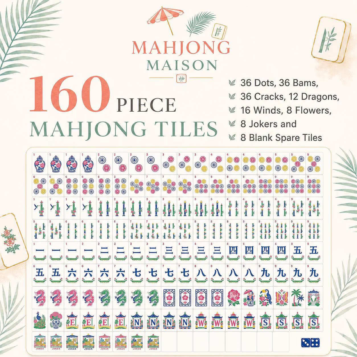 Blue White Chinoiserie Mahjong Tiles Set, Luxury Acrylic Mahjong Tiles, Peacock Floral American Mahjong Set, Elegant Ori