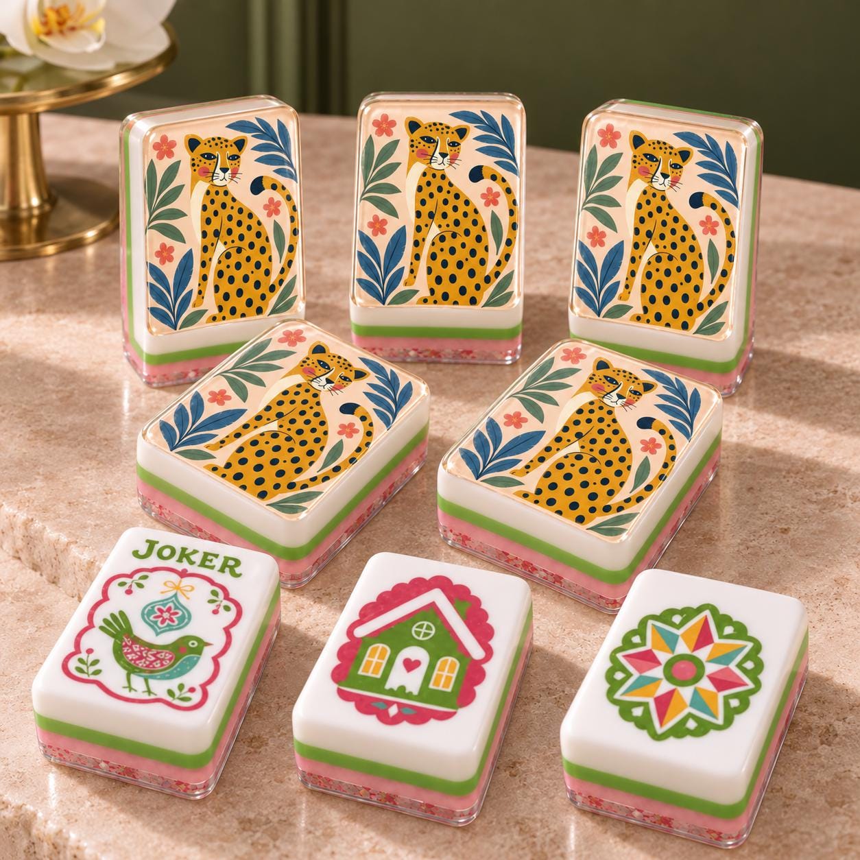 Leopard Mahjong Tiles Set, 4 Layer Acrylic Mahjong Tiles, Colorful Folk Art Jungle Mahjong Set, Pink Green Mahjong Tiles