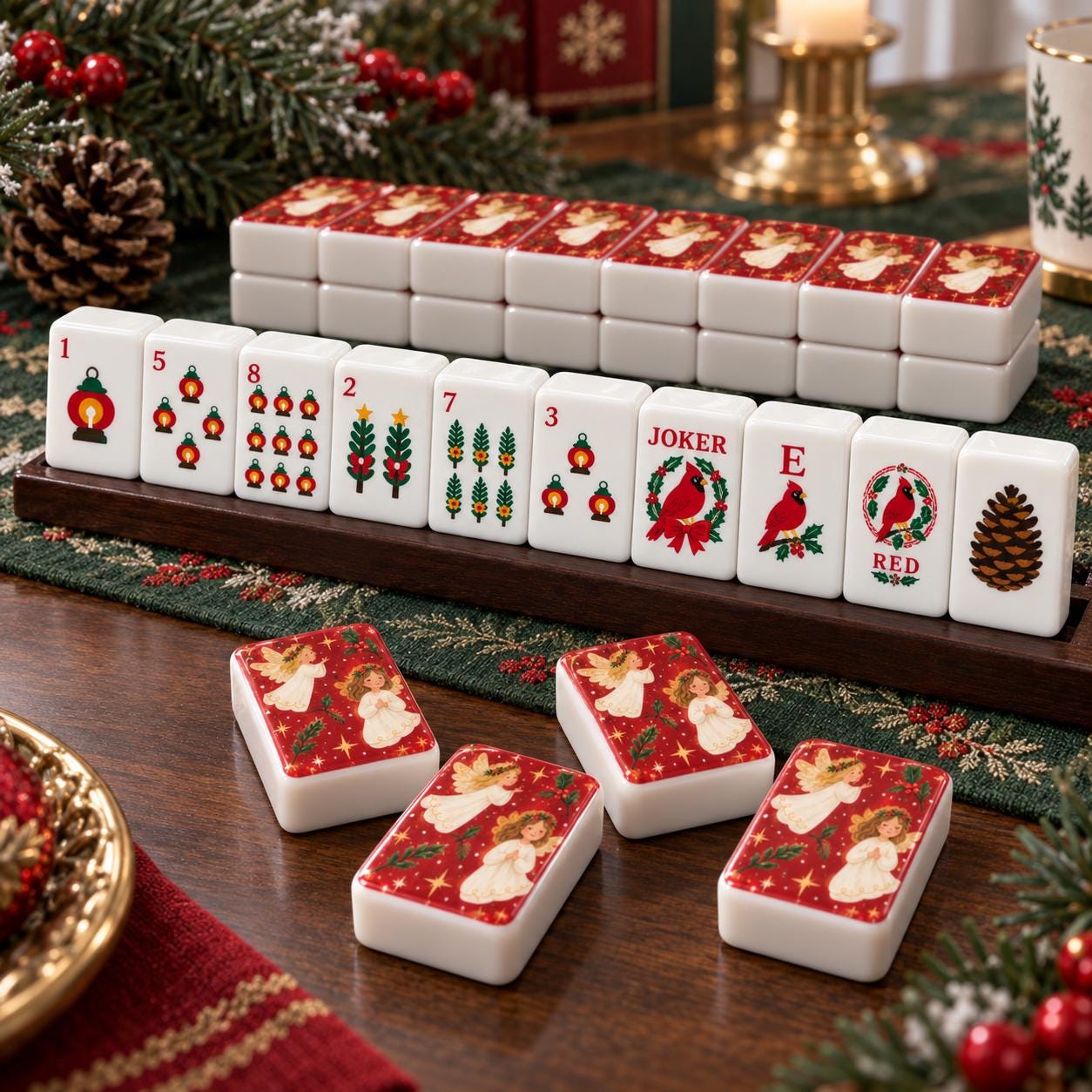 Christmas Angel Mahjong Tiles, 1.4" Cardinal Joker Mahjong Set, Red Holiday Mah Jongg Tiles, Vintage Christmas Mahjong G
