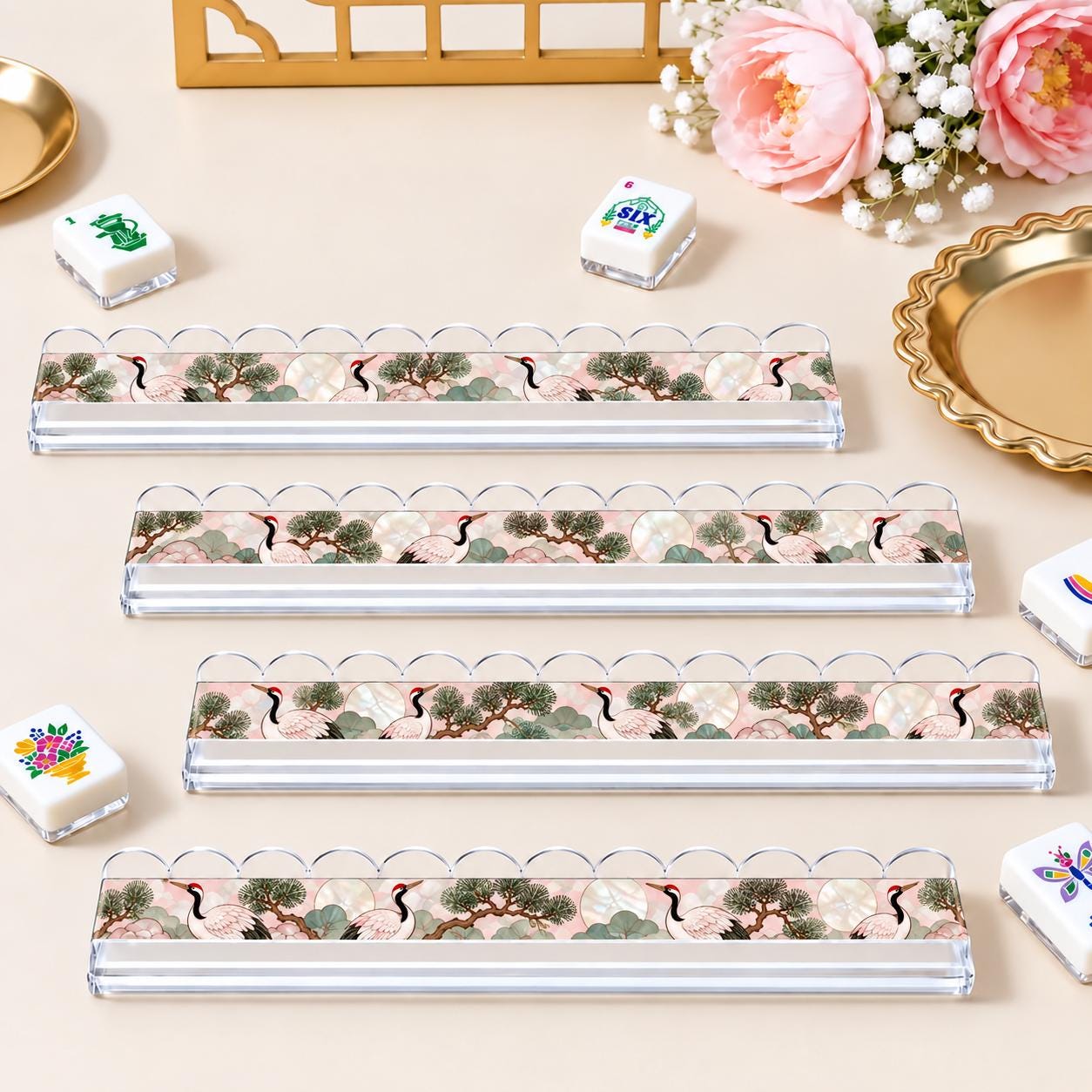 Crane and Pine Mahjong Tiles, 4-Layer American Mahjong Set, Faux Mother of Pearl Design, Pink and Green Chinoiserie, Hos