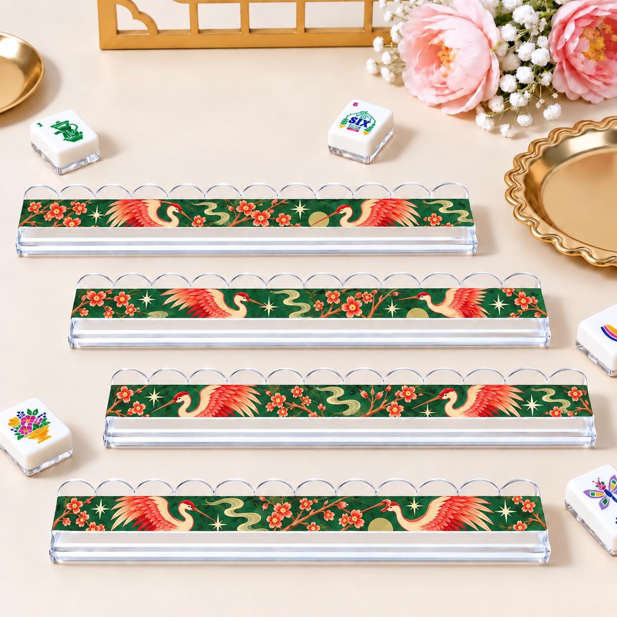Crane Cherry Blossom Mahjong Tiles, Pink Green Chinoiserie 4-Layer American Mahjong Set, Mahjong Gift for Her - 10