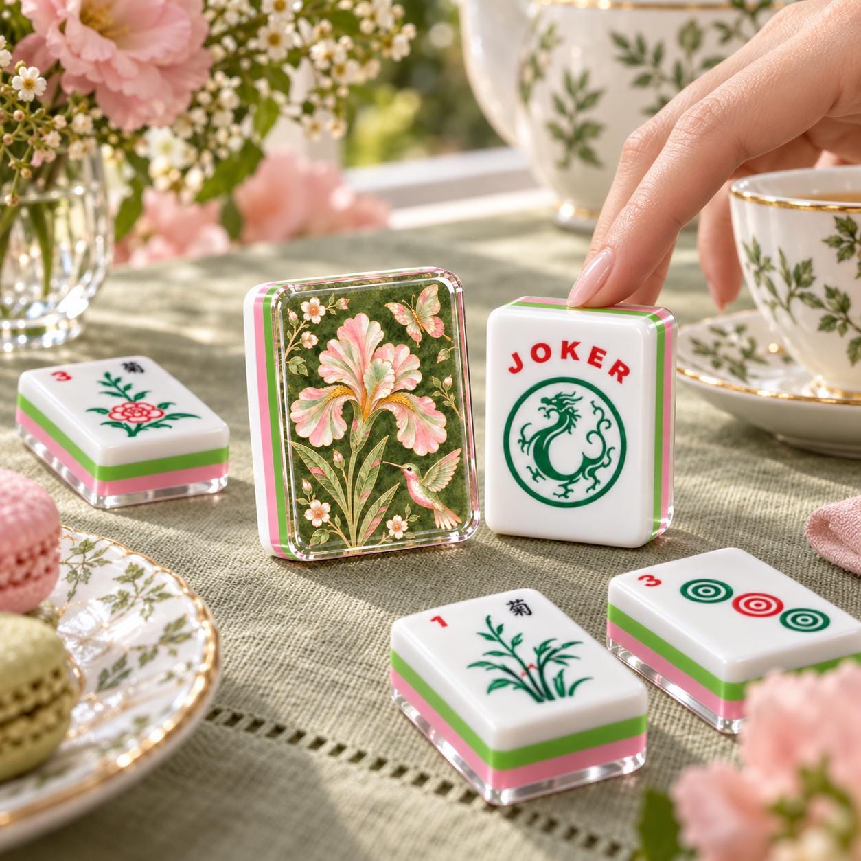 Green Floral Mahjong Tiles, Pink Green Iris Hummingbird Mahjong Set, 4-Layer Acrylic Mahjong Tiles, Mahjong Gift for Her