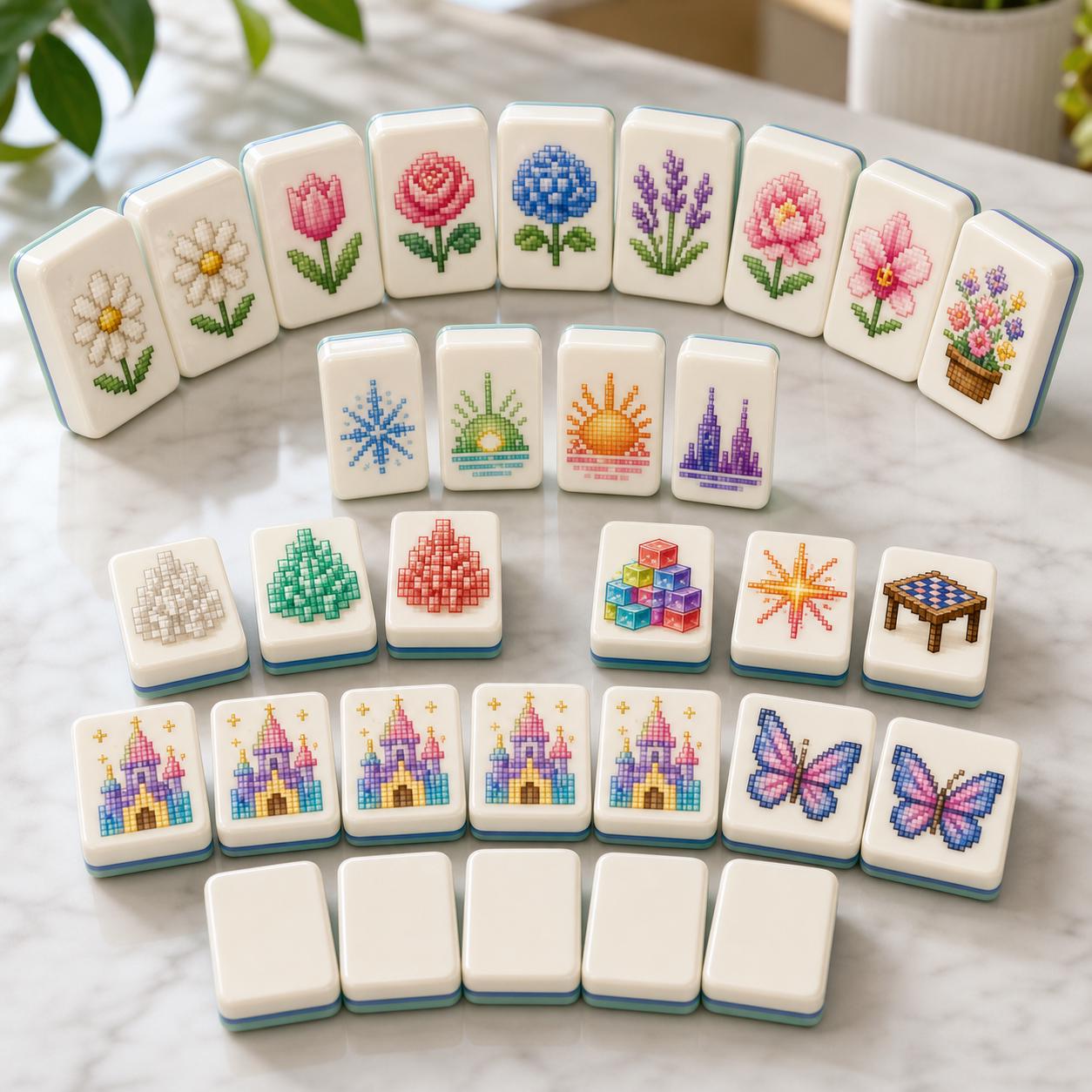 Pixel Art American Mahjong Tiles Set,Mint Green Back,Gradient Pixel Design,Cross-Stitch Style Game Tile,Retro Gaming Gif