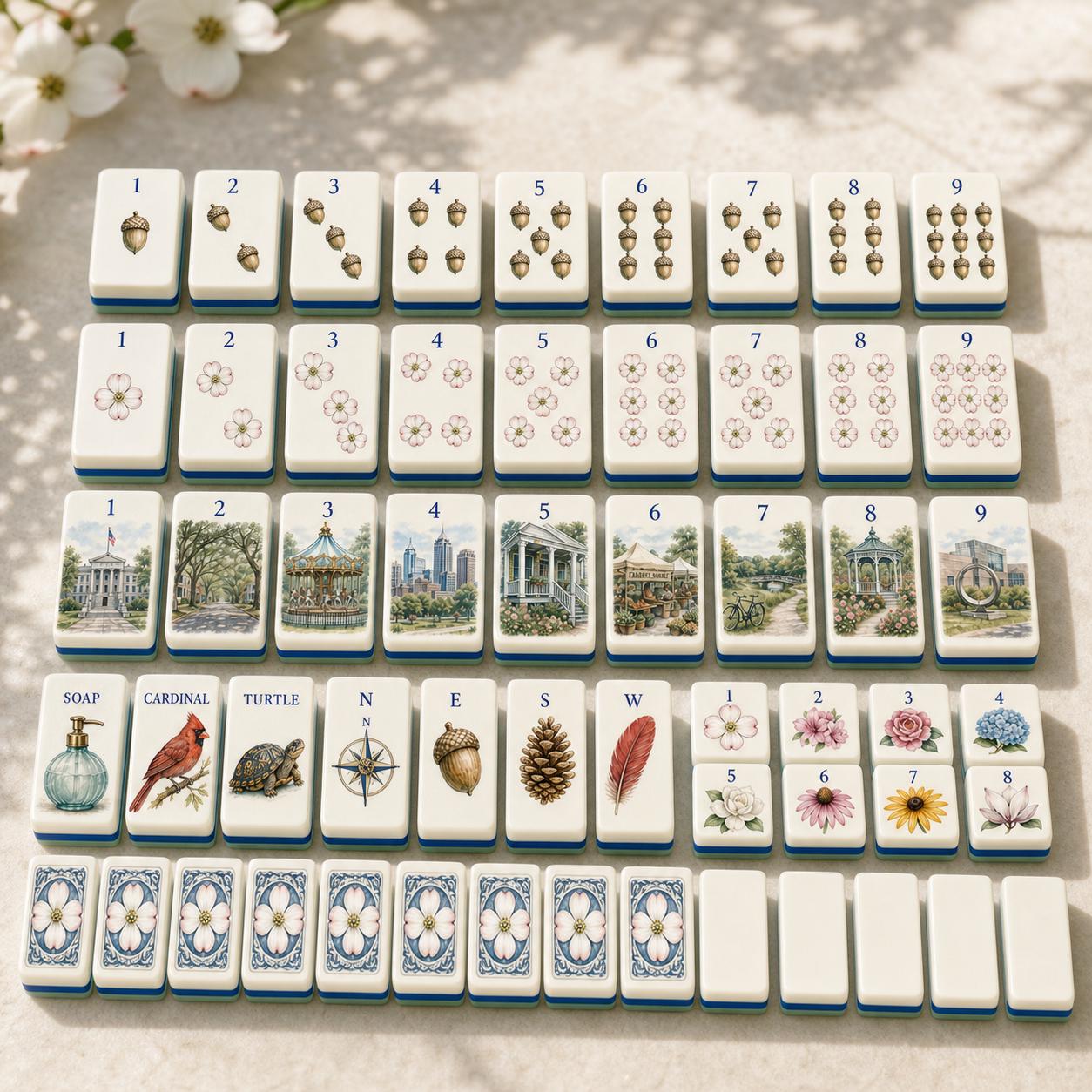 Raleigh Dogwood Garden American Mahjong Tiles, Travel Mahjong Set 1.2x0.9 Inch, Mint Green Back, Cardinal Oak Acorn Flor