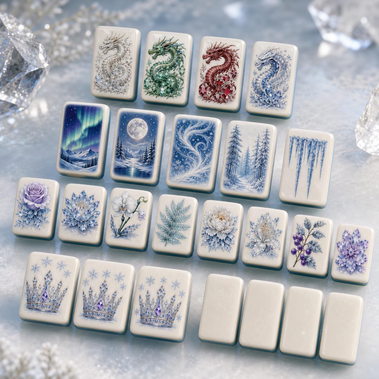 Snow Magic Winter Mahjong Set, American Style Ice Crystal Tiles, Frozen Aurora Geode Rose Castle Art, Holiday Game Night