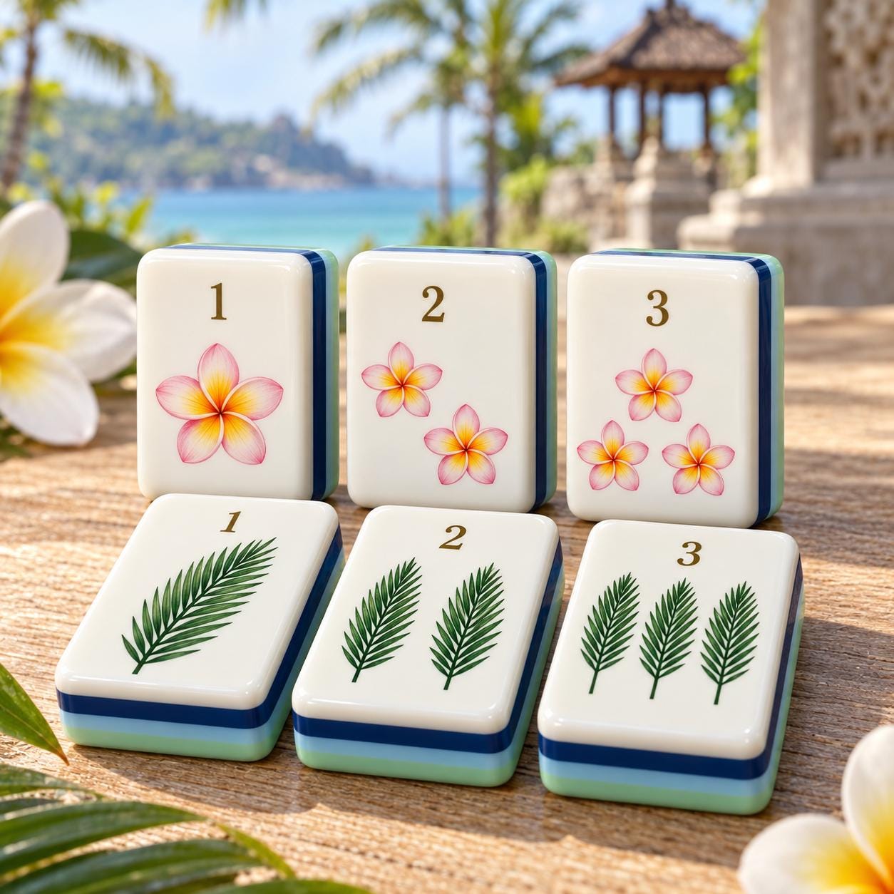 Bali American Mahjong Tiles, Tropical Resort & Retreat Set, Wellness Retreat Vacation Tiles, Plumeria Shell Temple Art -