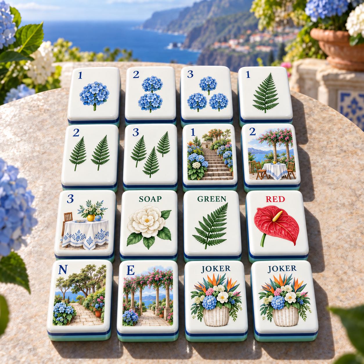 Amalfi Coast American Mahjong Set, Mediterranean Seaside Terrace Tiles, Hydrangea Bird of Paradise, Coastal Vacation Gif
