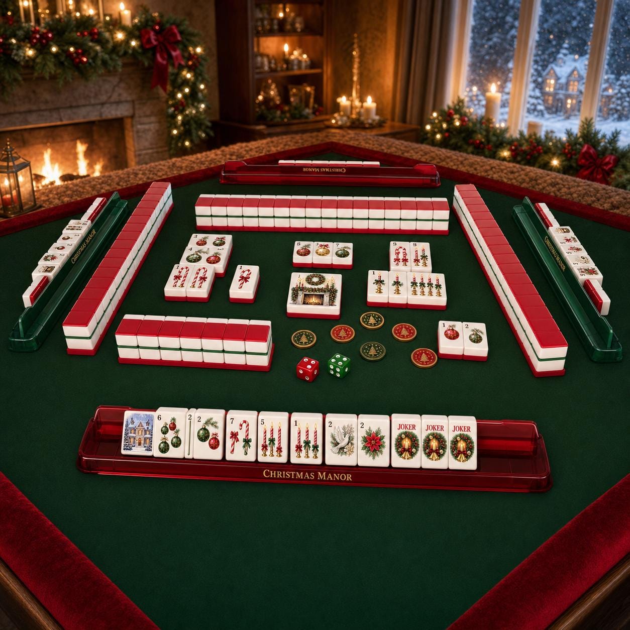 Christmas Holiday American Mahjong Tiles Set,Red Back Travel Mahjong, Holiday Poinsettia Wreath Dove Design,Festive Game