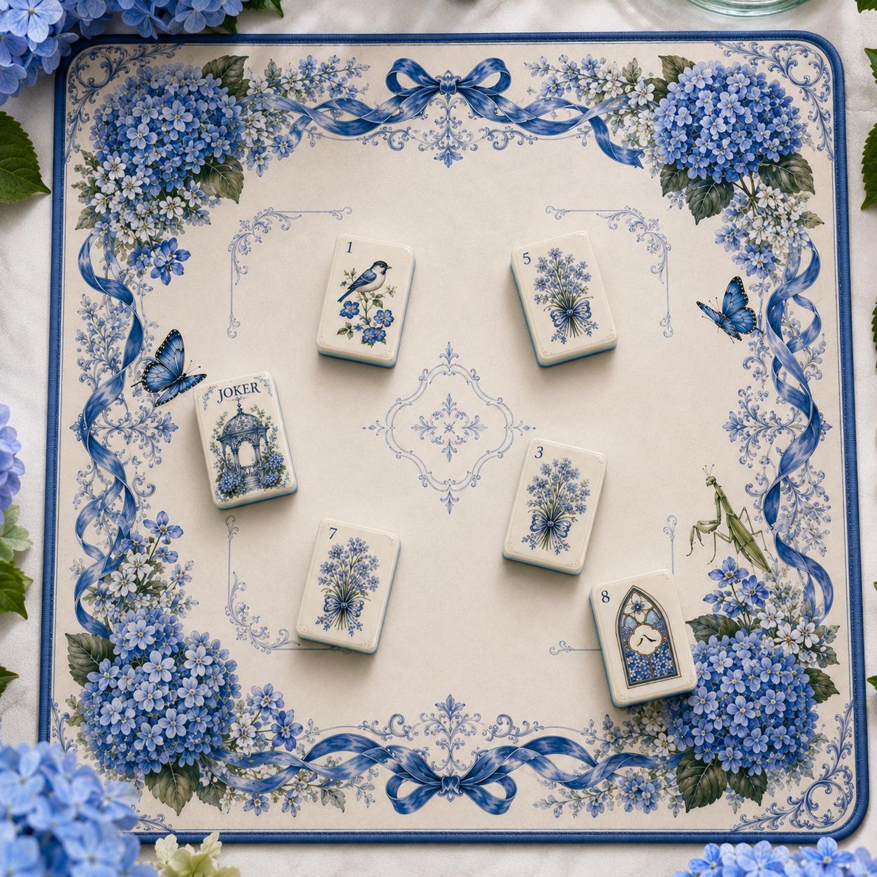 Hydrangea Acrylic American Mahjong Set, 160 Tile Blue & White Floral Mahjong Tiles,Porcelain Inspired Butterfly Design,U