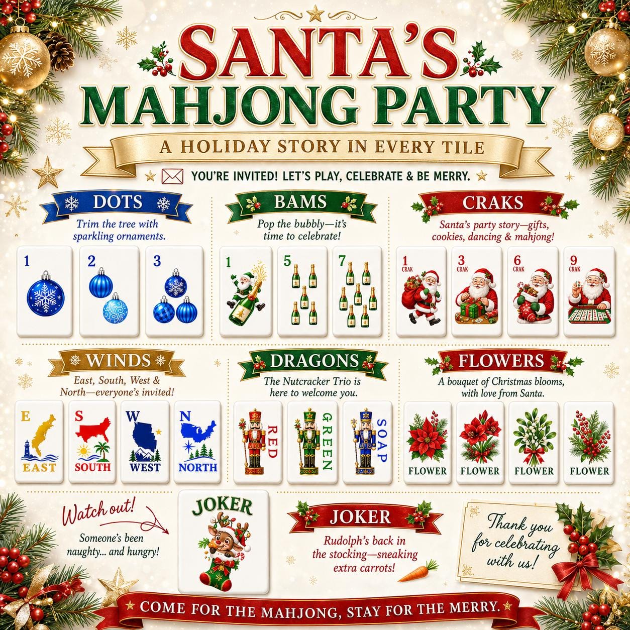 Santa Mahjong Party Set, Christmas Mah Jongg Tiles, 160-Piece American Mahjong Set, Holiday Game Night Gift for Women &