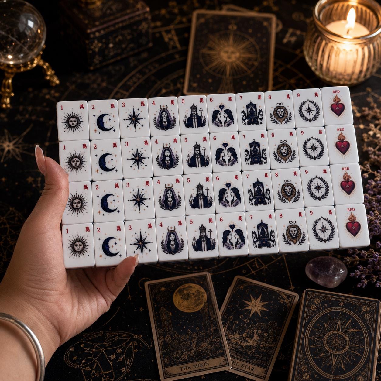 Mystic Celestial American Mahjong Set, Moon Crystal Astrology Mahjong Tiles, Fantasy Tarot Inspired Acrylic Game Set, Un