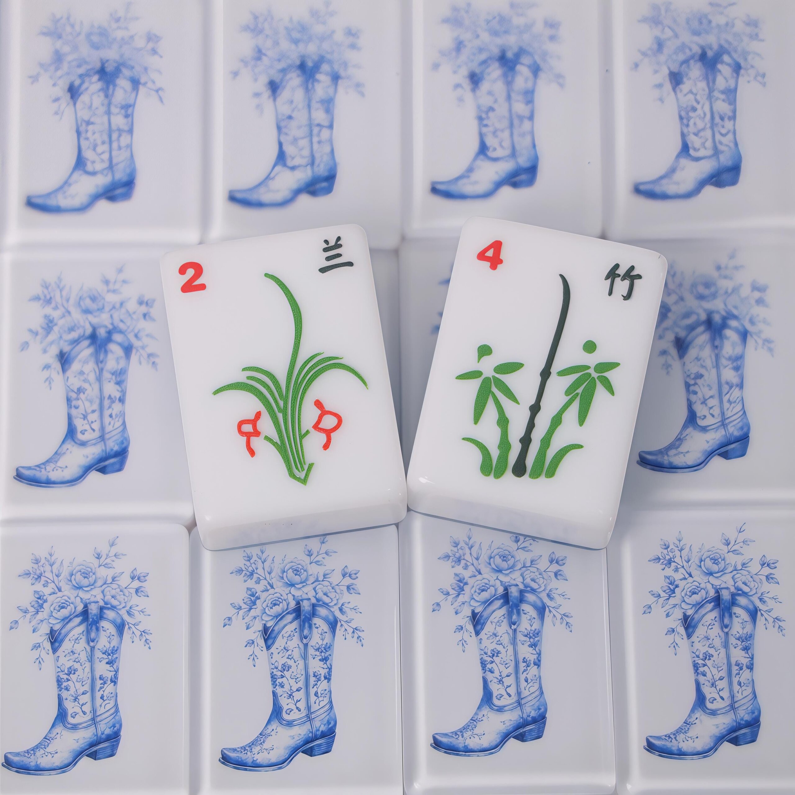 Blue Porcelain American Mahjong Set, Cowboy Boot Floral Tiles, Western 160 Tile Game Gift for Mahjong Players - 10