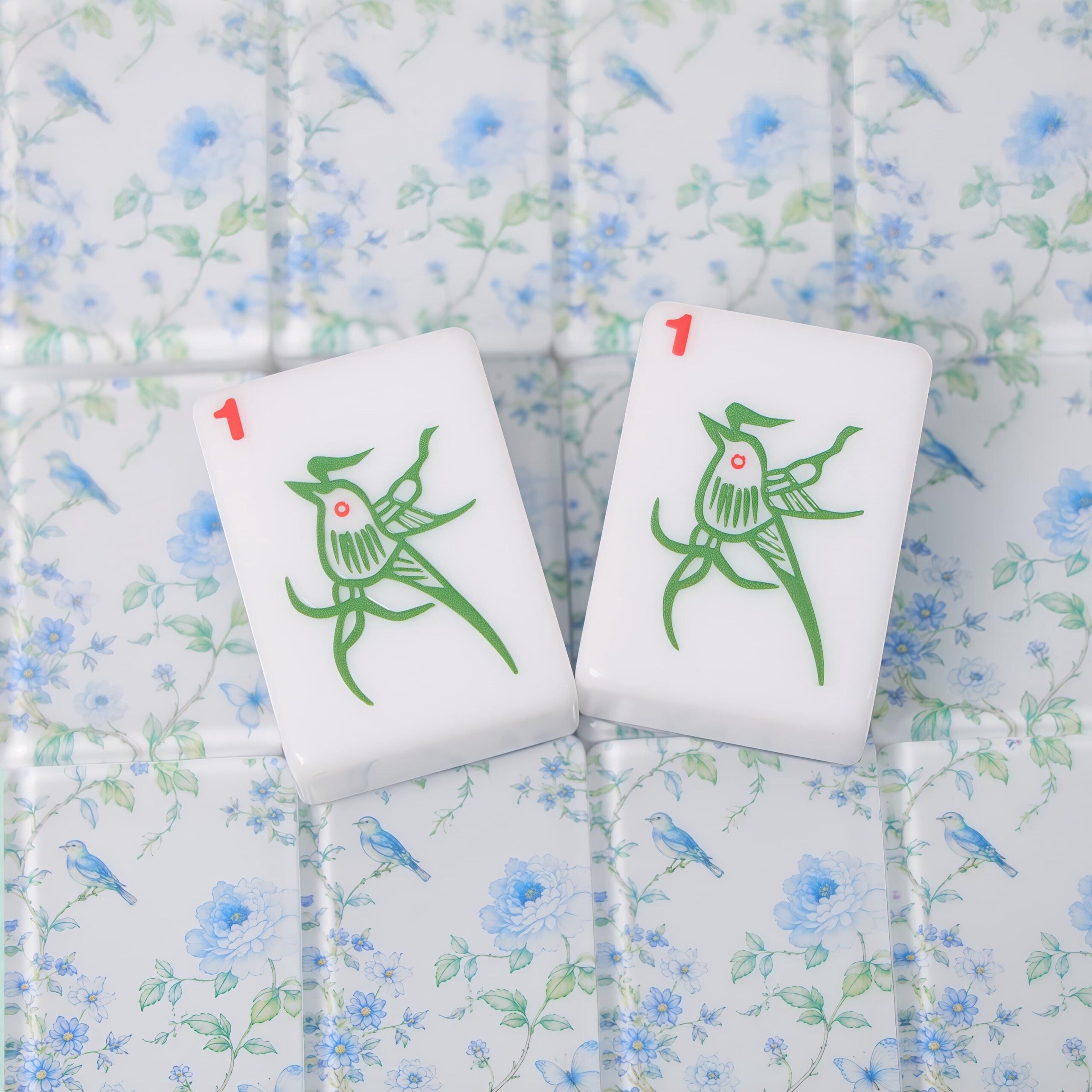Blue Floral American Mahjong Set, Glossy Acrylic Tiles, Botanical Bird 160 Tile Game, Gift for Mahjong Lovers and Collec