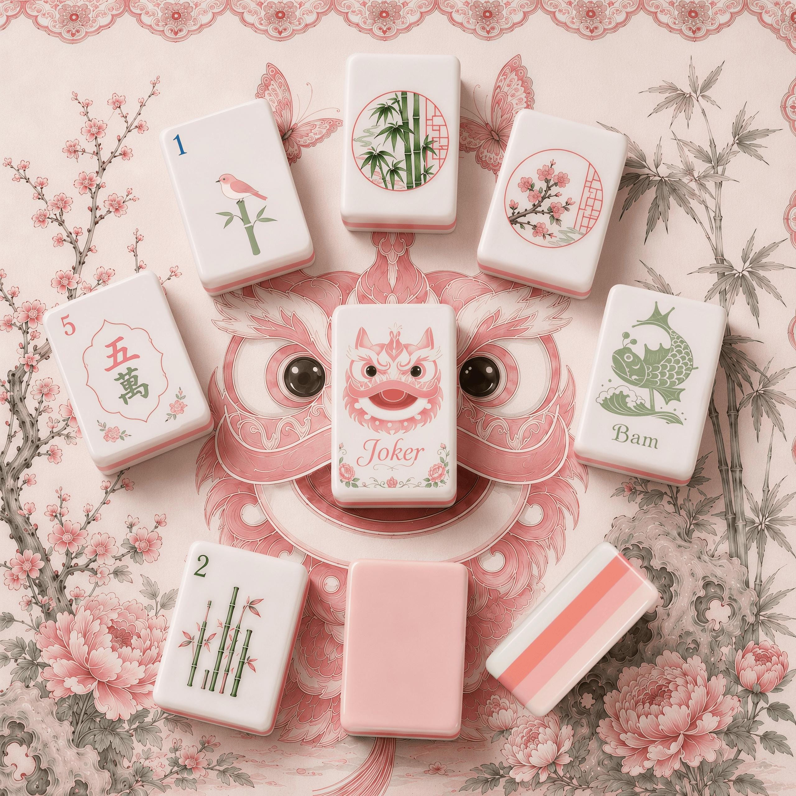 Lion Dance Mahjong Set, Pink Chinese Inspired American Mahjong Tiles, Floral Asian Style Acrylic Game Set, Unique Gift -