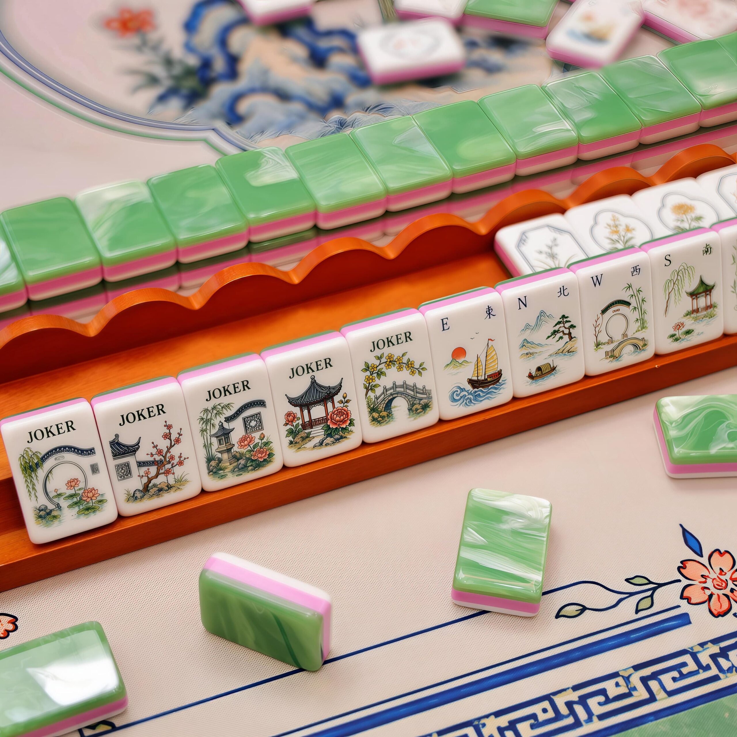 American Mahjong Set, 160 Acrylic Tiles, Retro Chinese Garden Art, Green Layered Edge, Mahjong Gift for Women and Game N