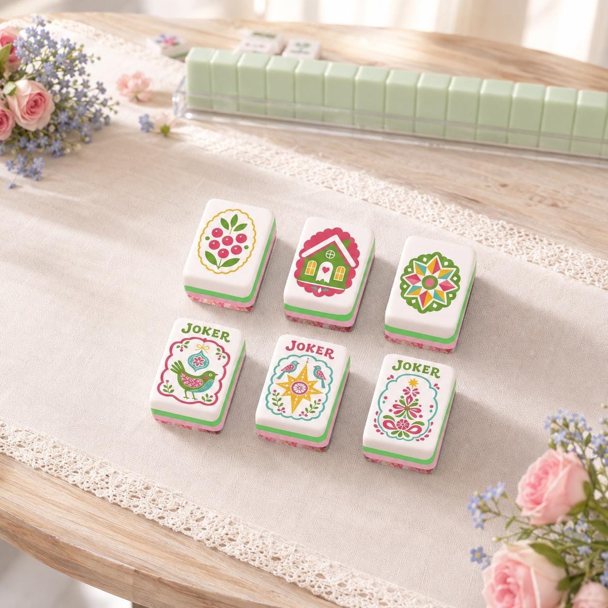 Leopard Mahjong Tiles Set, 4 Layer Acrylic Mahjong Tiles, Colorful Folk Art Jungle Mahjong Set, Pink Green Mahjong Tiles