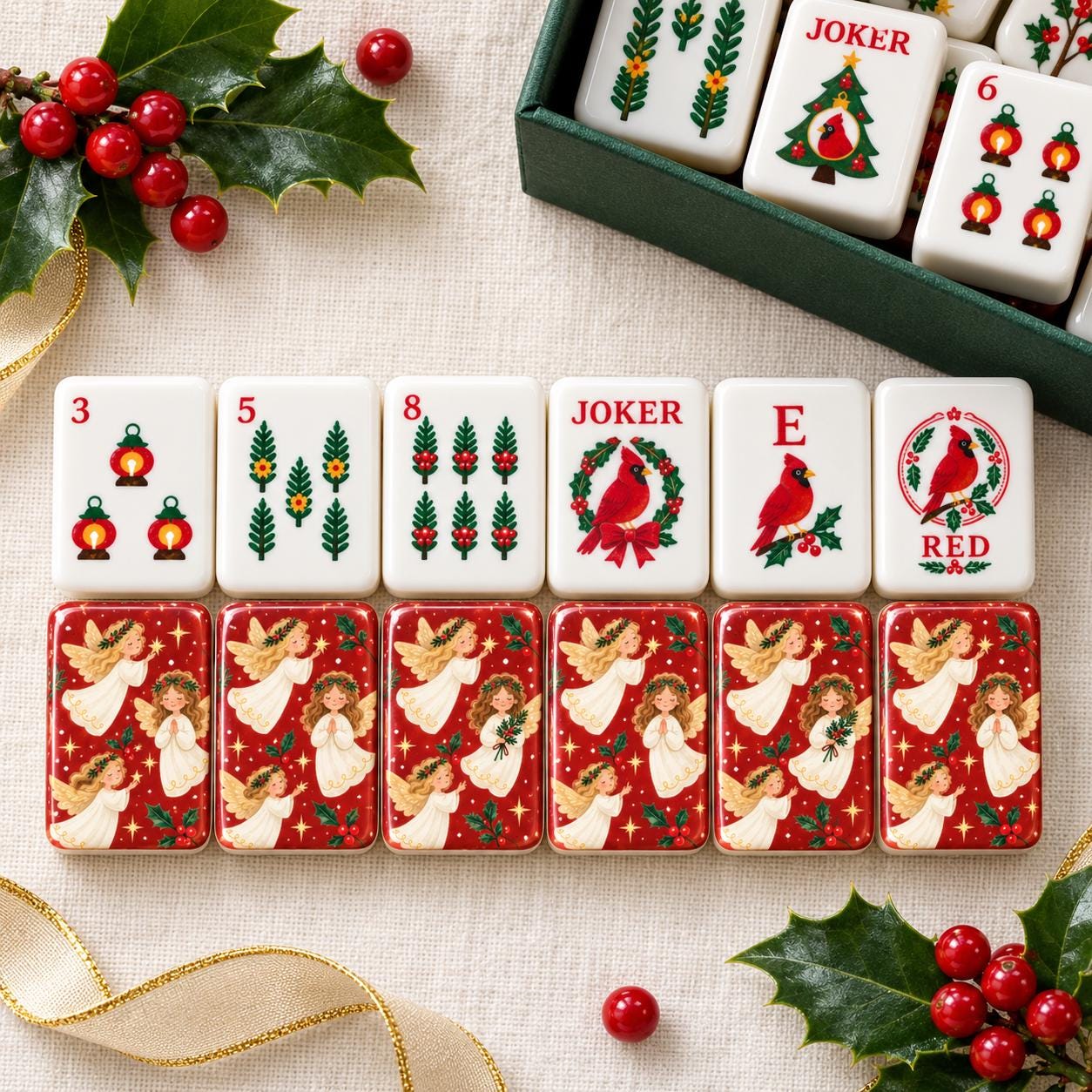 Christmas Angel Mahjong Tiles, 1.4" Cardinal Joker Mahjong Set, Red Holiday Mah Jongg Tiles, Vintage Christmas Mahjong G