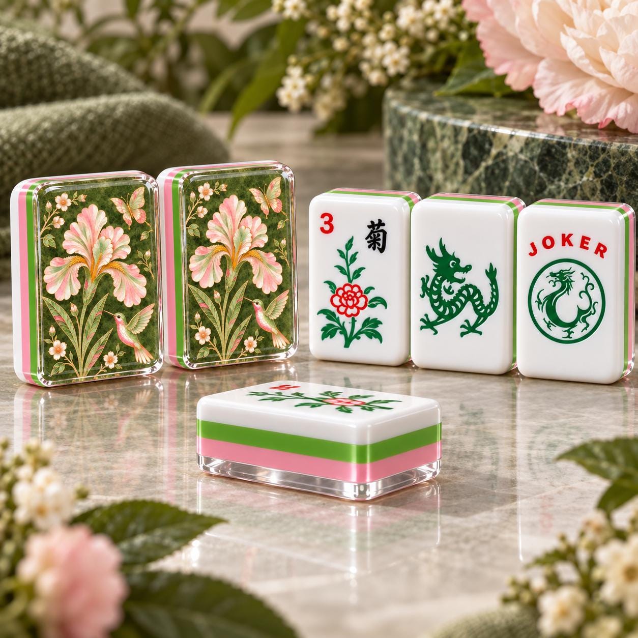 Green Floral Mahjong Tiles, Pink Green Iris Hummingbird Mahjong Set, 4-Layer Acrylic Mahjong Tiles, Mahjong Gift for Her