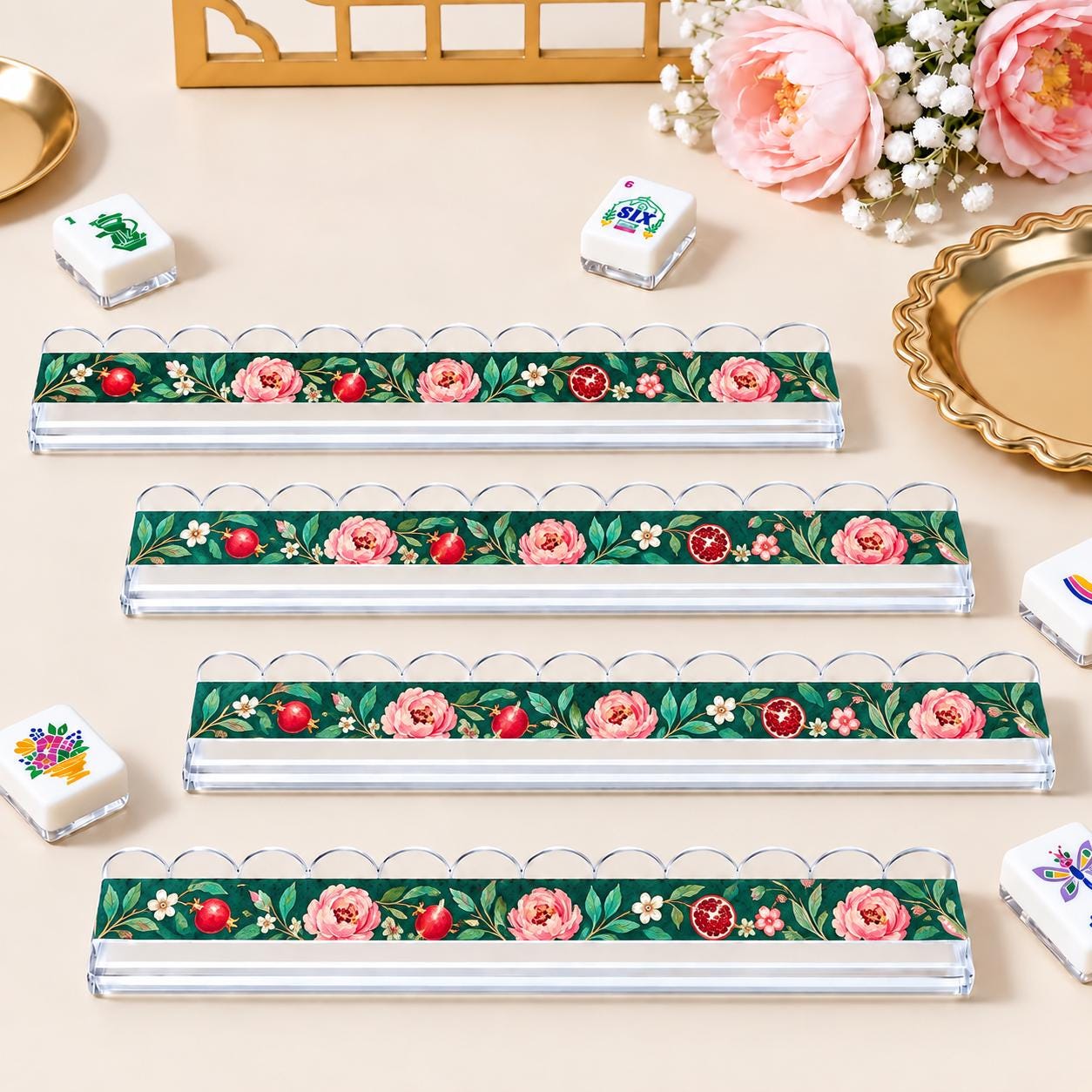 Pomegranate Floral 4-Layer Mahjong Tiles, Fall Botanical American Mahjong Set, Pink Green Acrylic Mahjong Tiles, Mahjong