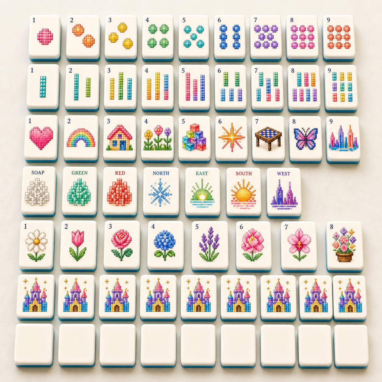 Pixel Art American Mahjong Tiles Set,Mint Green Back,Gradient Pixel Design,Cross-Stitch Style Game Tile,Retro Gaming Gif