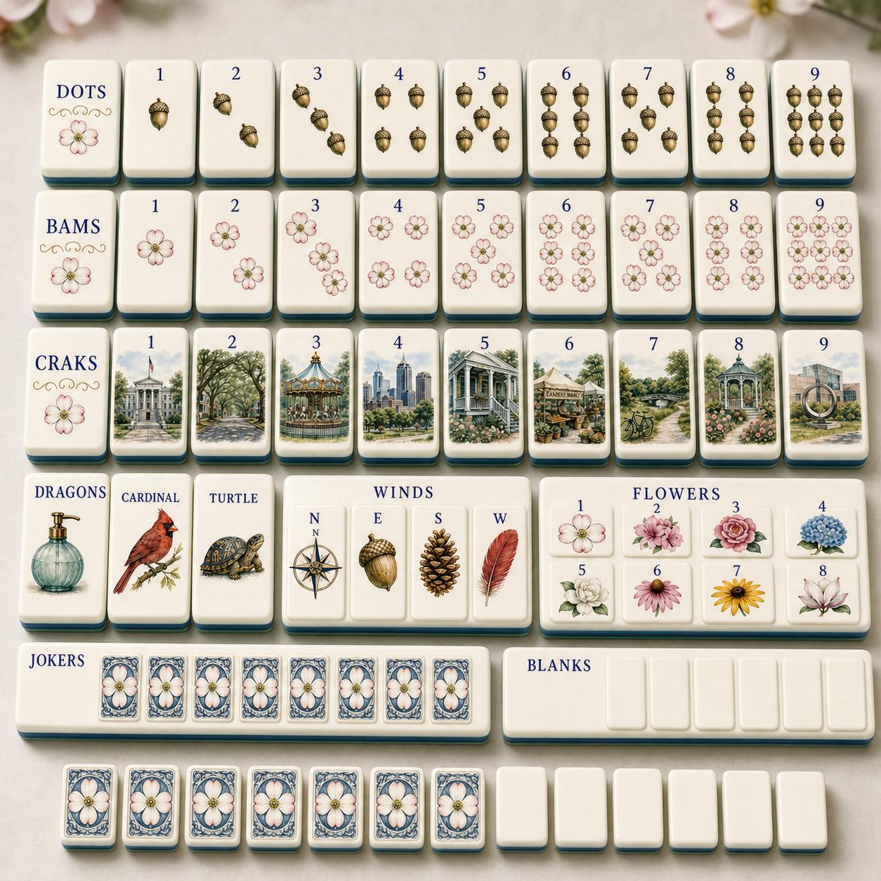 Raleigh Dogwood Garden American Mahjong Tiles, Travel Mahjong Set 1.2x0.9 Inch, Mint Green Back, Cardinal Oak Acorn Flor