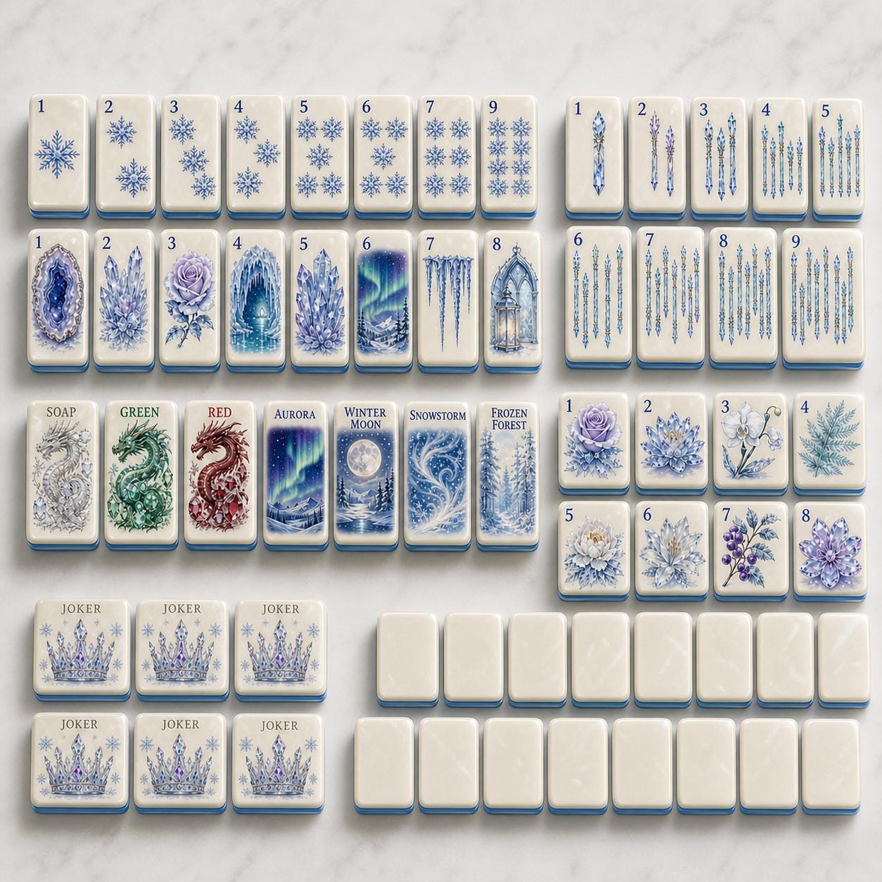 Snow Magic Winter Mahjong Set, American Style Ice Crystal Tiles, Frozen Aurora Geode Rose Castle Art, Holiday Game Night