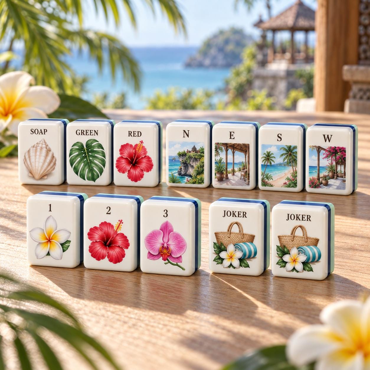 Bali American Mahjong Tiles, Tropical Resort & Retreat Set, Wellness Retreat Vacation Tiles, Plumeria Shell Temple Art -