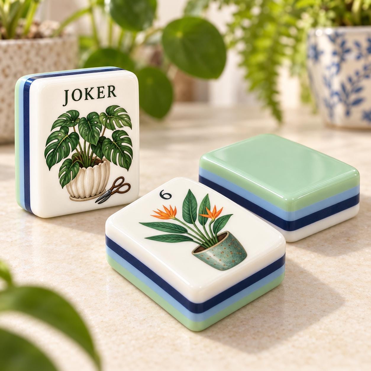 Botanical Workshop American Mahjong, Travel Mahjong Set with Potted Plant Pattern, Plant Lover Gift, Monstera Anthurium