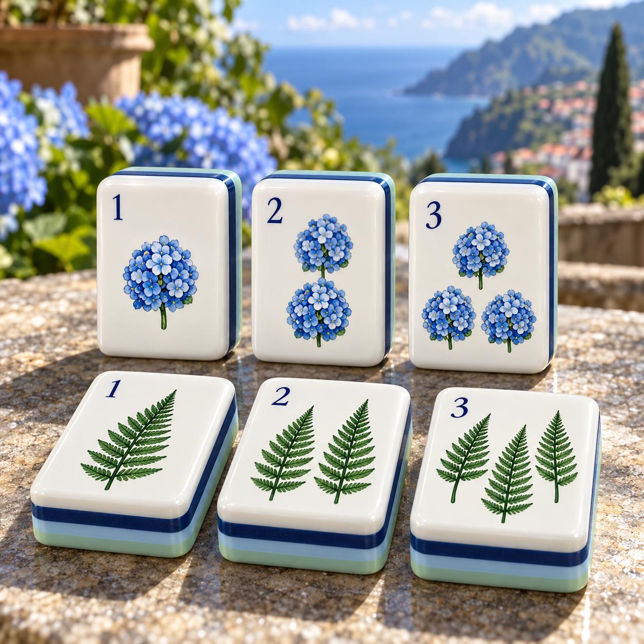 Amalfi Coast American Mahjong Set, Mediterranean Seaside Terrace Tiles, Hydrangea Bird of Paradise, Coastal Vacation Gif
