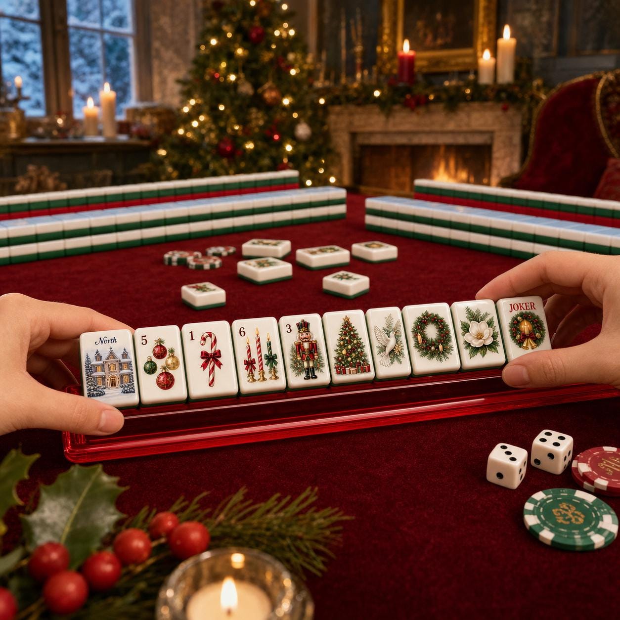 Christmas Holiday American Mahjong Tiles Set,Red Back Travel Mahjong, Holiday Poinsettia Wreath Dove Design,Festive Game