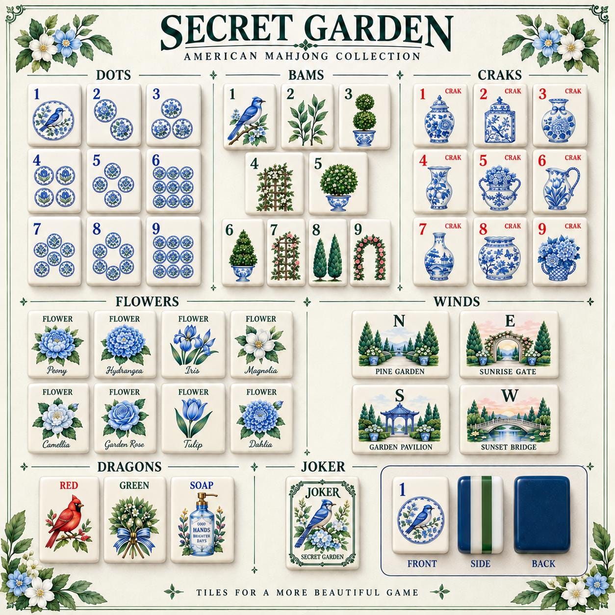 American Mahjong Set, Secret Garden Mahjong, Blue White Chinoiserie Tiles, 160 Acrylic Tiles, Custom Bulk Mahjong Gift -