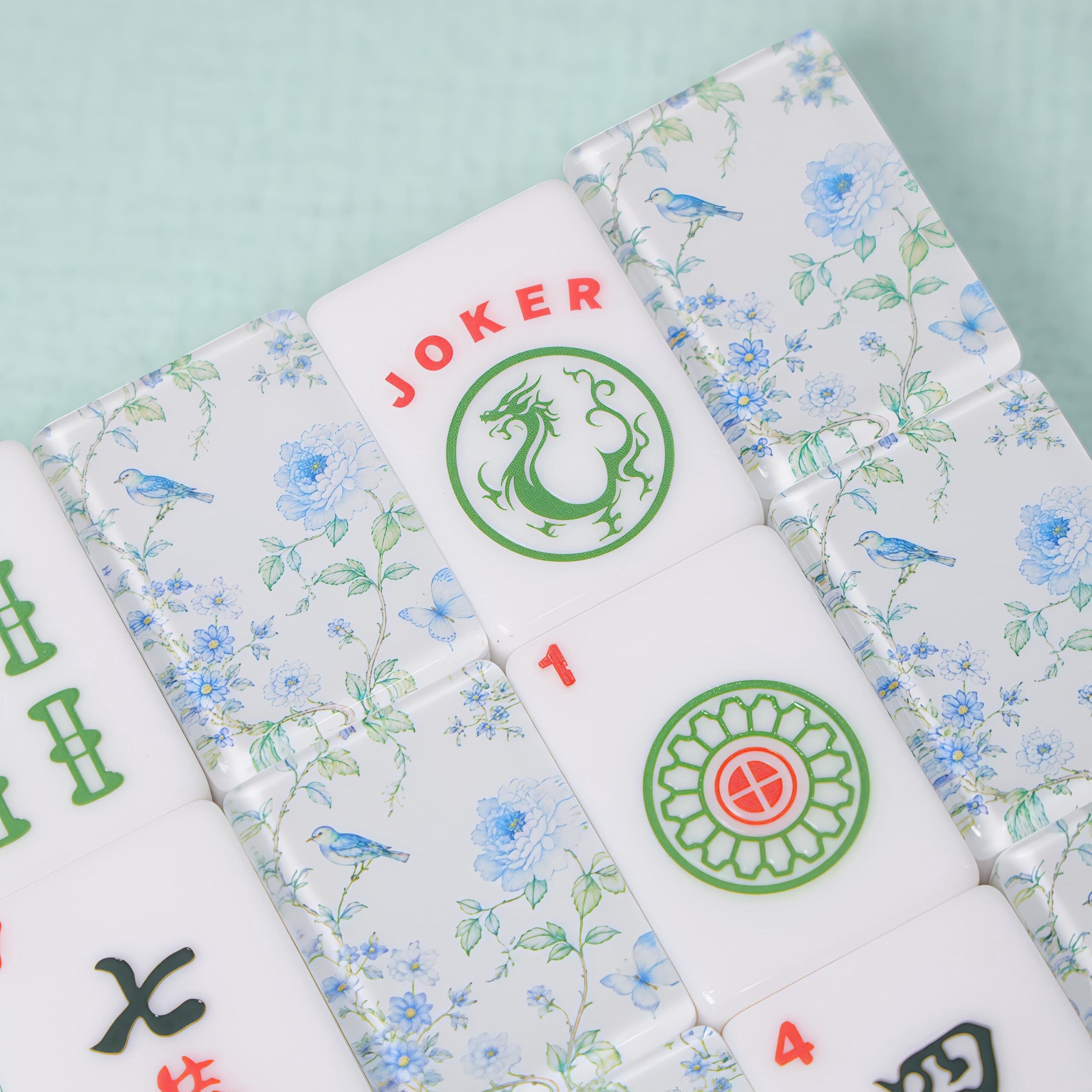 Blue Floral American Mahjong Set, Glossy Acrylic Tiles, Botanical Bird 160 Tile Game, Gift for Mahjong Lovers and Collec