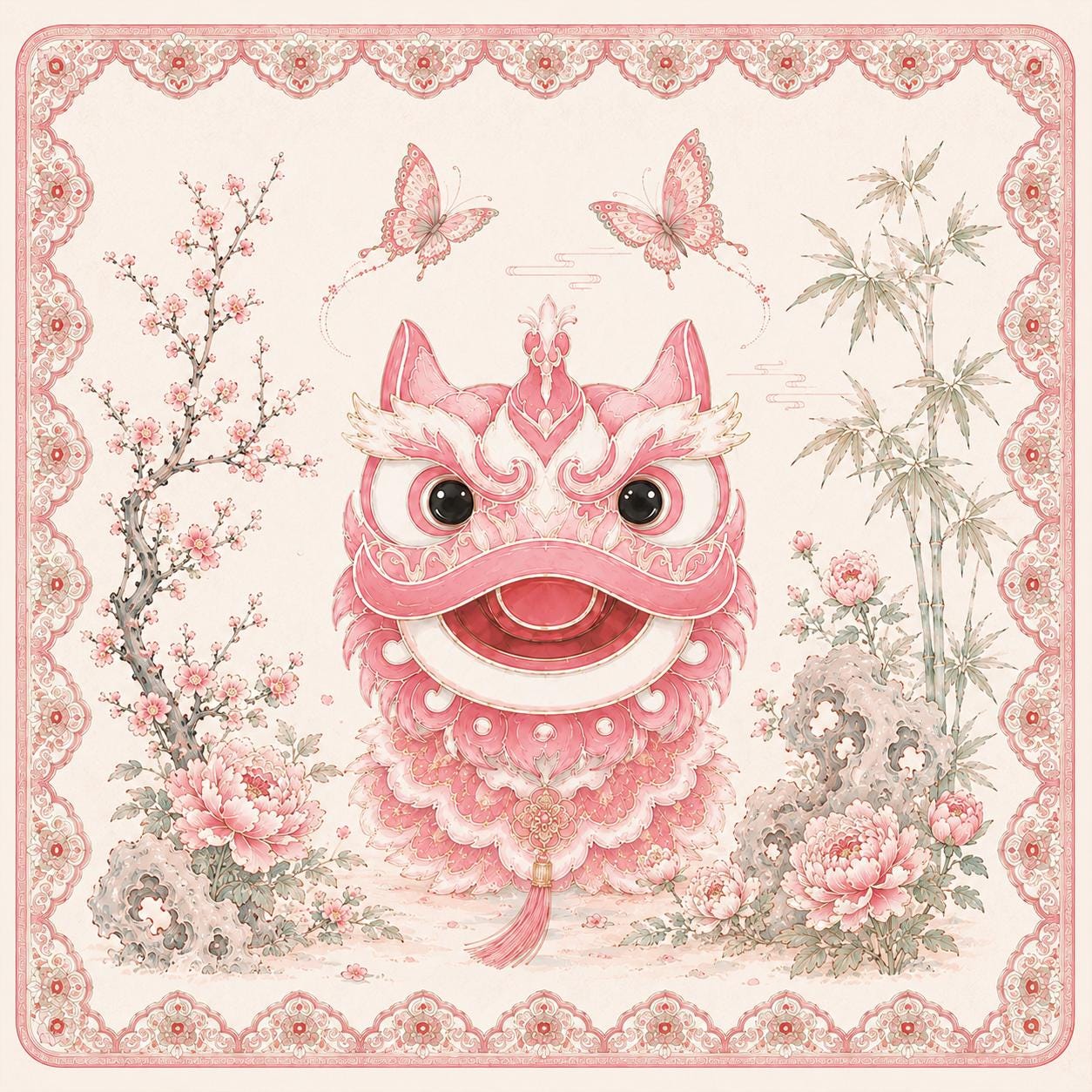 Lion Dance Mahjong Set, Pink Chinese Inspired American Mahjong Tiles, Floral Asian Style Acrylic Game Set, Unique Gift -